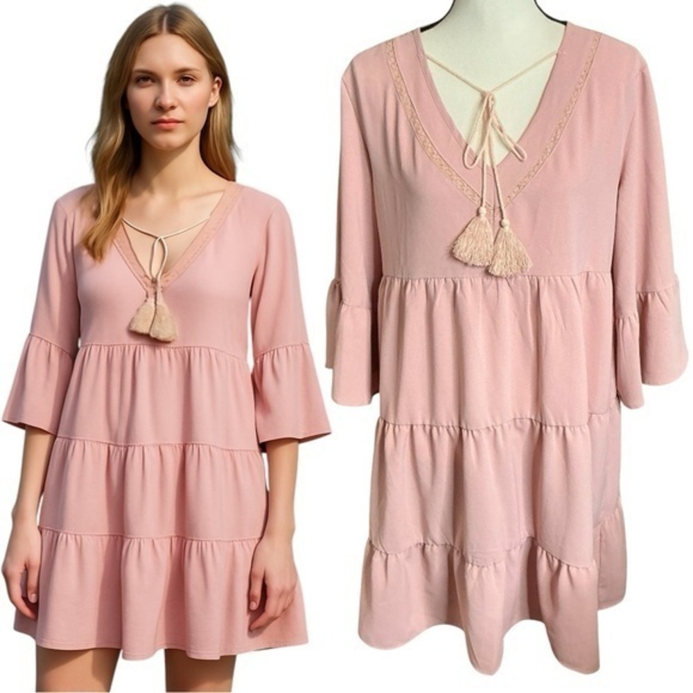 BTFBM Babydoll Tiered Ruffle Dress Blush Pink Bell Sleeve Mini Length Tie Chest